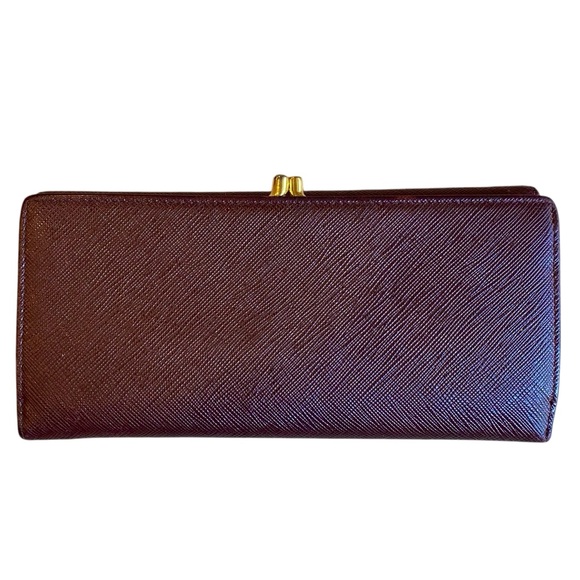 PRADA Maroon Saffiano Leather Flap Close Gold Tone Kisslock Continental Wallet - Picture 3 of 16